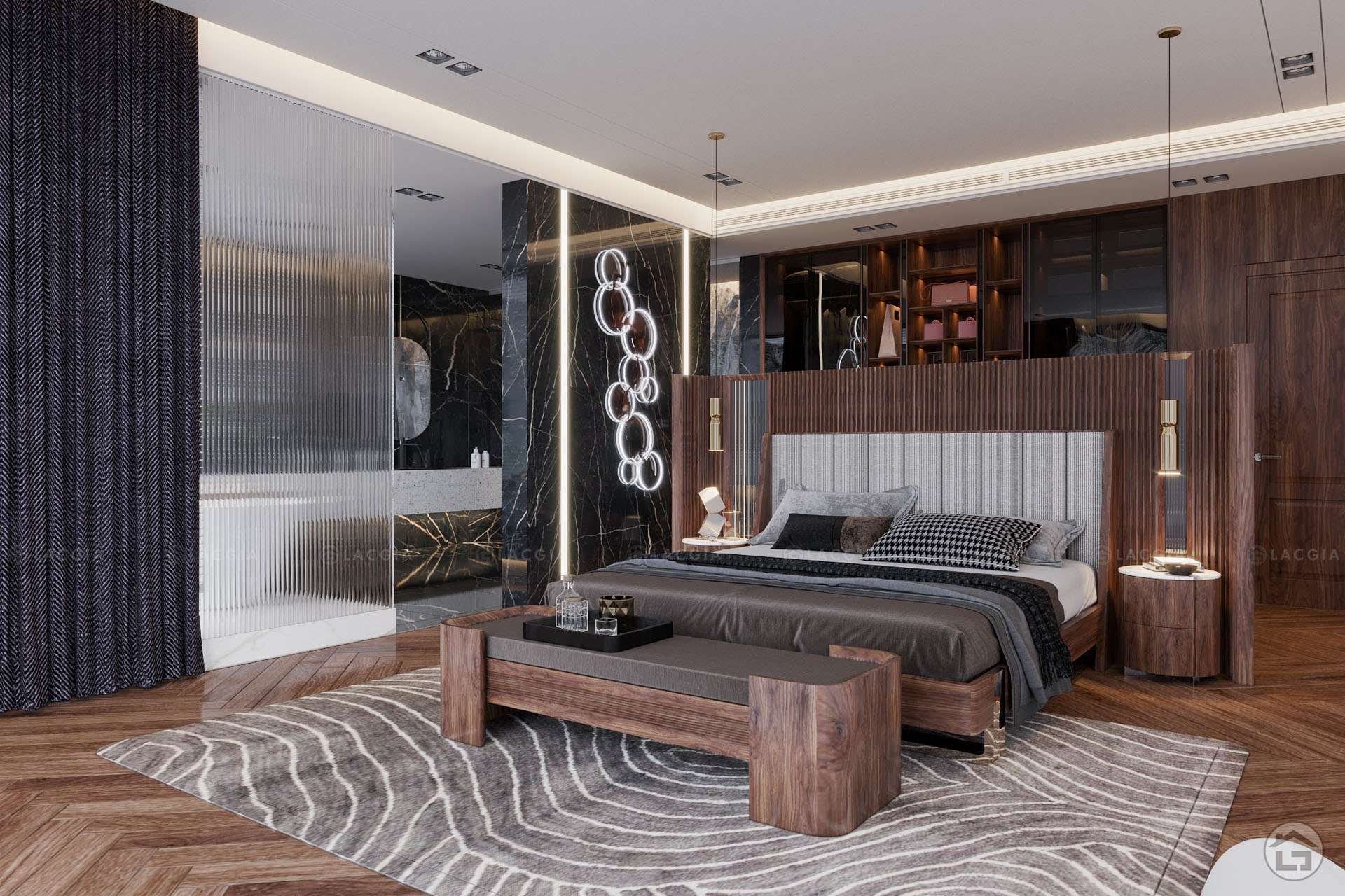 Không gian phòng ngủ rộng thoáng có thiết kế nội thất gỗ sang trọng