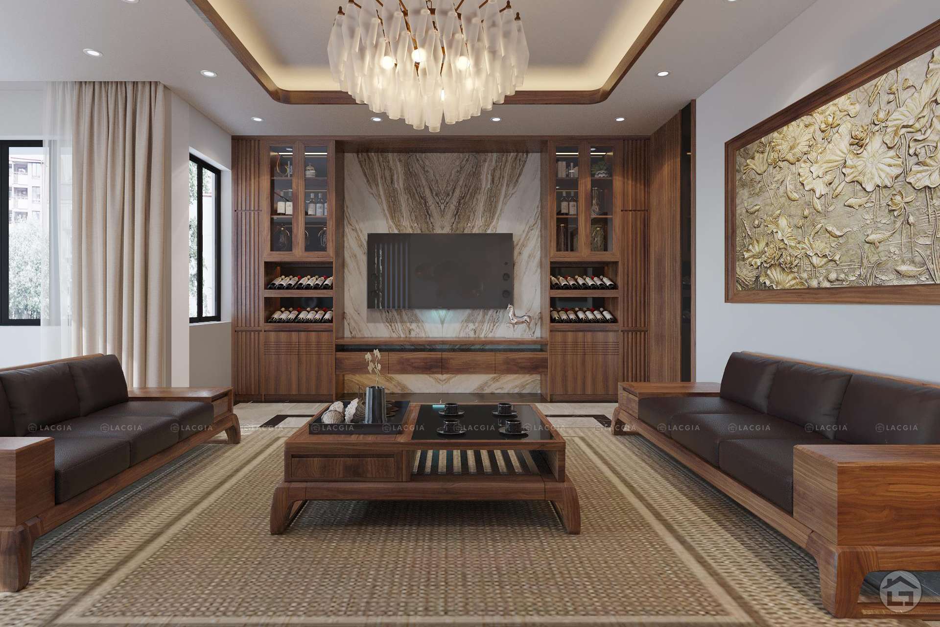 Thiết kế nội thất phòng khách gỗ óc chó tại Bắc Giang