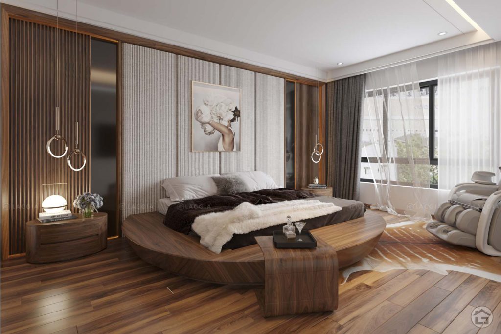 Sự đồng bộ và bố trí hợp lý nội thất của phòng ngủ tạo không gian đẹp, độc đáo
