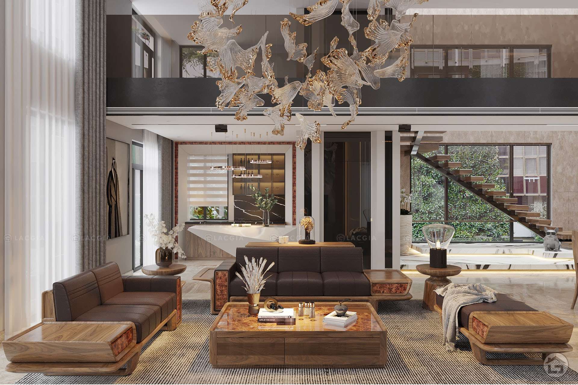 Mẫu nội thất nhà vườn đẹp kiểu tân cổ điển đồ gỗ 2022